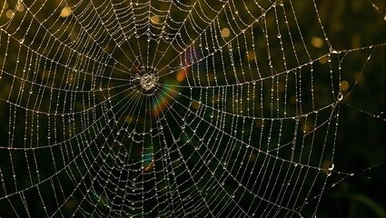 Intricate spider web glistening with morning dew reflecting rainbows in a delicate composition