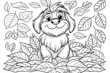 Adorable Cartoon Puppy Surrounded by Autumn Leaves in a Coloring Page