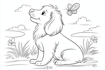 Happy Cartoon Dog Sitting in a Field with Butterfly Above
