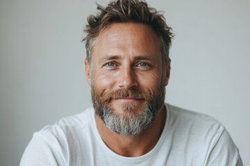 Fototapeta premium Man, portrait and studio with smile, confidence and beard isolated on white background. Model, mockup and satisfaction with skincare, glow and natural treatment for cosmetic dermatology, Generative AI