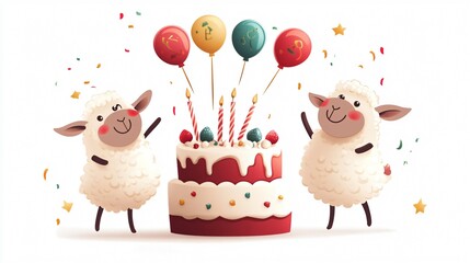 Naklejka premium Sheep-themed Happy Birthday Cake and Gift Decoration for Celebration