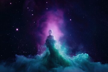 Fototapeta premium Colorful nebula in deep space. Purple and green clouds fill the celestial landscape. Stars sparkle in the dark night sky. Stunning abstract illustration of the cosmos.
