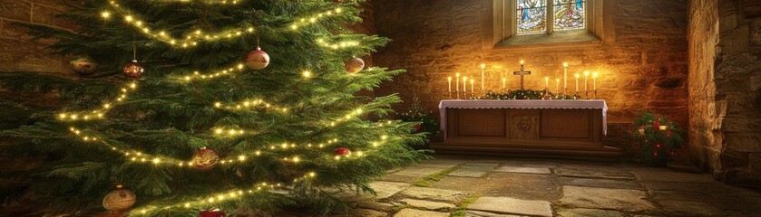 Christmas tree church altar candles stone floor. Holiday season greeting card