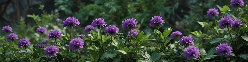 Obraz premium Dark green leafy rampion plant with purple flowers , botanical, perennial, purple flowers