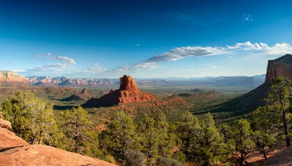 Naklejka premium panorama of bell rock courthouse butte and munds moutain wilderness from yavapai point arizona