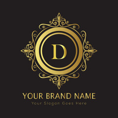 Letter Luxury brand logo design with a royal gold crown emblem and elegant typography
