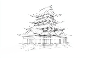 Elegant Traditional Architecture Sketch of a Multi-Level Asian Pavilion