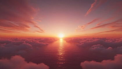 Obraz premium Serene sunset over a sea of clouds, a breathtaking aerial view of a fiery sky and tranquil ocean.
