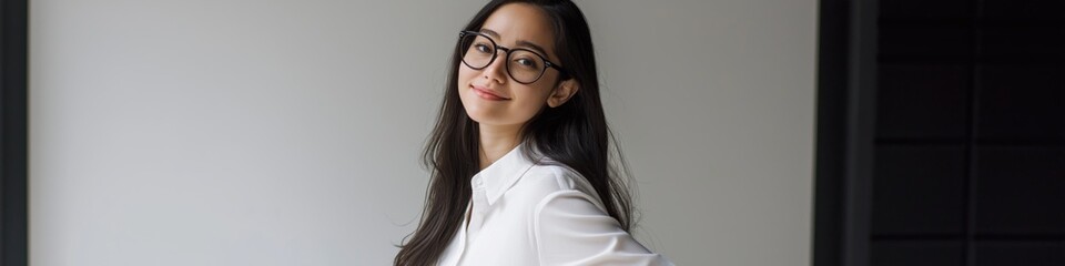 Obraz premium A woman wearing glasses and a white shirt is smiling. She is standing in front of a white wall