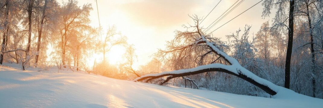 Fallen trees on power lines create dangerous conditions during heavy snowstorm at sunset