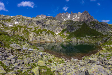 Lake in the Alps. Beautiful clear turquoise water lake in Chamonix Mont Blanc valley in French Alps. Alpine beautiful scenery in summer with blue sky