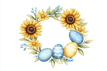 Beautiful Floral Wreath with Sunflowers and Decorative Easter Eggs