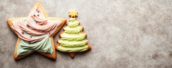 Festive star and tree cookies on beige background. Holiday baking