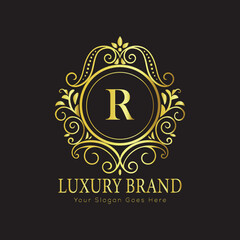Letter Luxury brand logo design with a royal gold crown emblem and elegant typography
