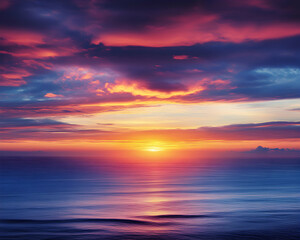 Fototapeta premium Vibrant sunset over the ocean, displaying a breathtaking array of colors in the sky and water. Perfect for travel, nature, and serenity themes.