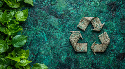 Eco-Friendly Recycling Symbol on Green Textured Background with Lush Greenery