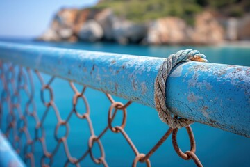 rope looped on a weathered blue railing near turquoise sea with peeling paint and rusted chain copyspace concept of marine travel, maritime safety, shipping