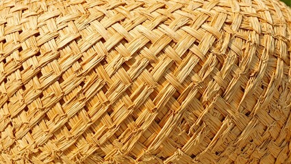 Detailed straw hat texture with interlocking fibers creating a crisscross pattern under sunlight