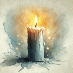 Solemn candle burning in memory in delicate watercolor tones