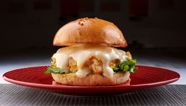 delicious chook fillet burger crowned with cheese sauce on a crimson plate fowl fillet burger cheese sauce