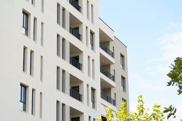 Modern minimalist apartment buildings in Mediterranean style in Albania near the sea coast. Concept...