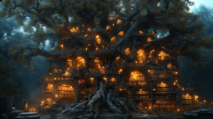 Fototapeta premium Enormous ancient tree with glowing library built into its branches and trunk.
