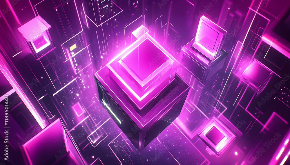 Poster abstract digital art showcasing glowing pink cubes and lines, representing futuristic technology, da