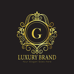 Letter Luxury brand logo design with a royal gold crown emblem and elegant typography
