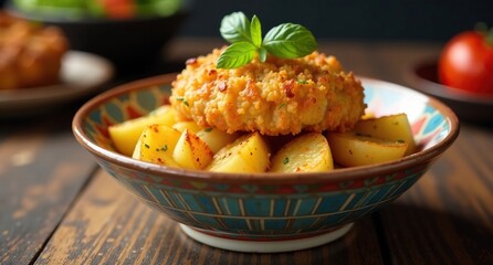 Deep fried hashbrown and grilled potato on a colorful ceramic bowl, #gastronomy, #hashbrown, #deepfriedpotato