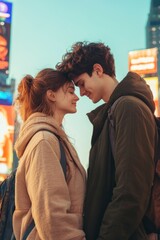 Fototapeta premium Couple embraces in a bright urban setting, surrounded by flashing billboards showcasing unrealistic ideals
