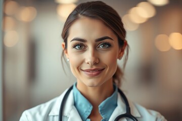 A confident female doctor smiles warmly while wearing a white coat and stethoscope, embodying the dedication and compassion of women physicians in healthcare