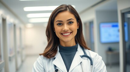 A confident woman physician stands proudly in a contemporary medical facility, highlighting her role in healthcare while celebrating Women Physicians Day and inspiring others