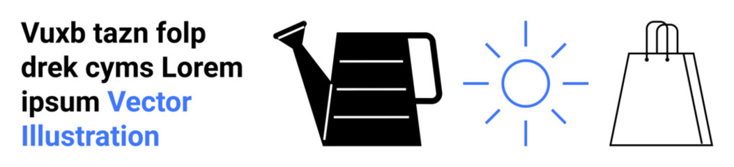 Watering can pouring water, sun symbolizing weather or warmth, and shopping bag implying retail or e-commerce. Ideal for gardening, climate, shopping, online business, sustainability, visual guides