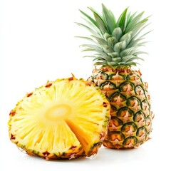 two pineapples, one sliced, on a white background