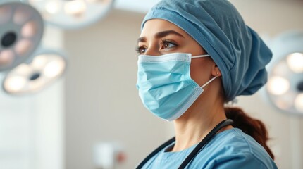 A female physician in scrubs and a surgical mask stands focused in a modern operating room, reflecting the commitment of women in medicine
