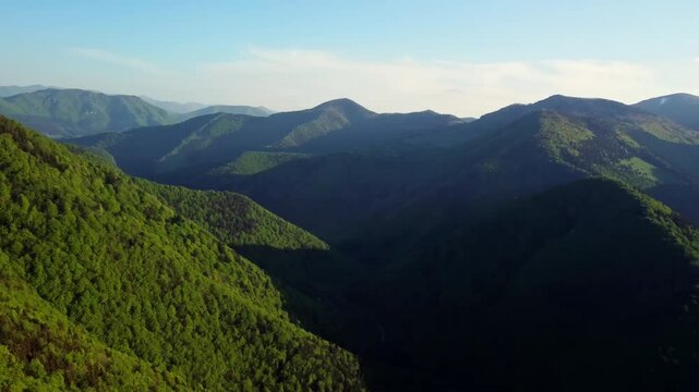 aerial view of green mountain landscape in spring