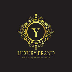 Letter Luxury brand logo design with a royal gold crown emblem and elegant typography
