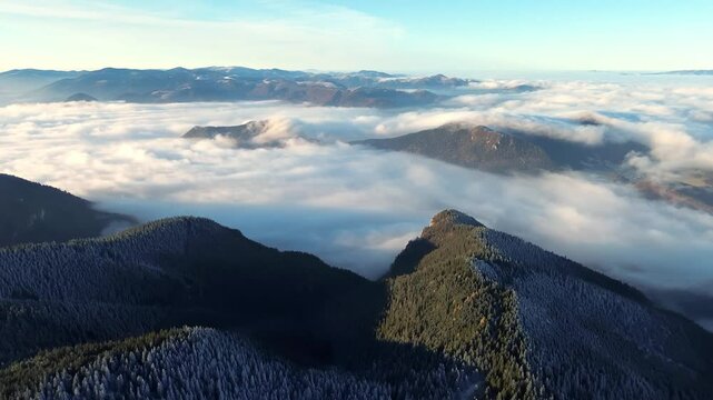 aerial view of foggy mountain valley and forest la