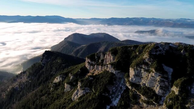 aerial view of foggy mountain valley and forest la