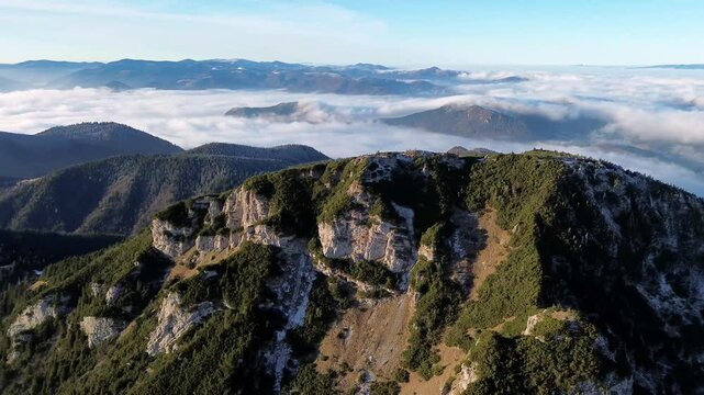 aerial view of foggy mountain valley and forest la