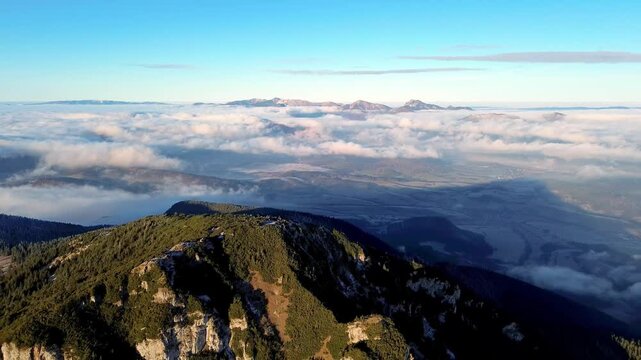 aerial view of foggy mountain valley and forest la