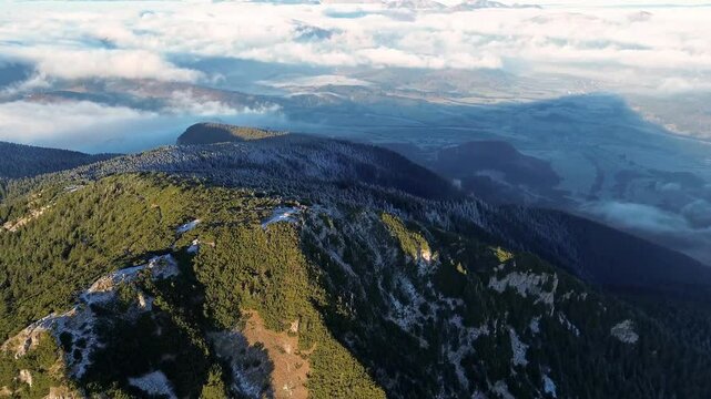 aerial view of foggy mountain valley and forest la