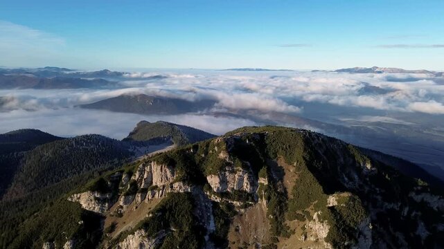 aerial view of foggy mountain valley and forest la