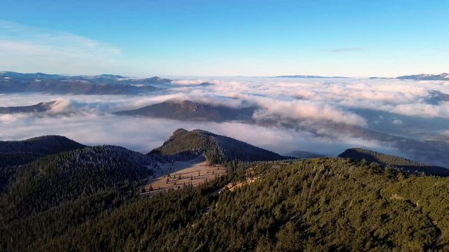 aerial view of foggy mountain valley and forest la