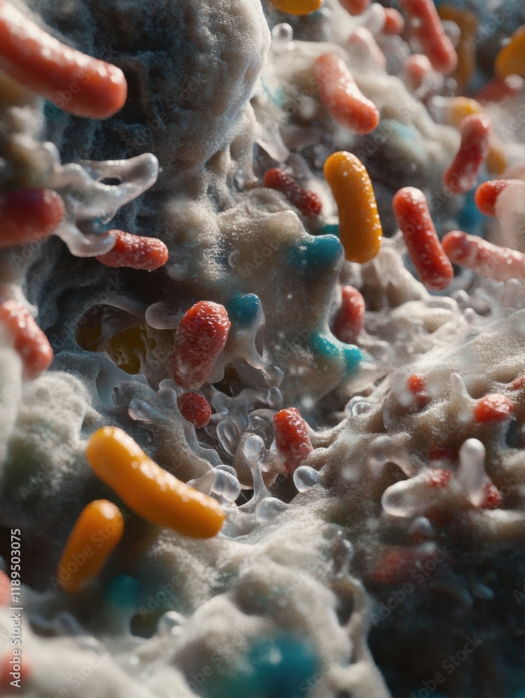 Aufkleber Close up view of various microbes on common surfaces highlighting the unseen world in daily life. Generative AI