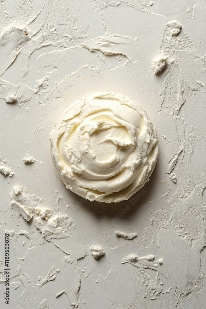 Poster single round of smooth mascarpone cheese centered in overhead composition on neutral white backgroun