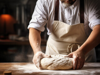 Men's hands baker chef knead the dough on the wooden table  make for bread, pasta or pizza. Lifestyle concept suitable for meals and breakfast. Close-up.
