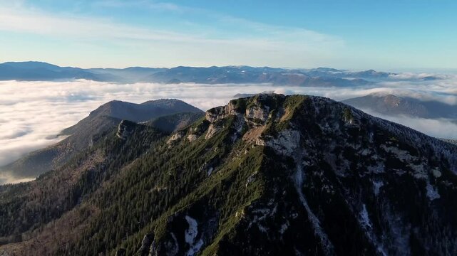 aerial view of foggy mountain valley and forest la