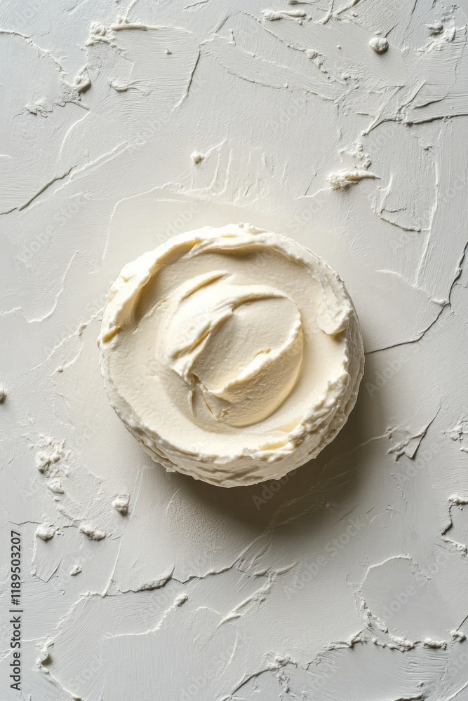 Poster single round of smooth mascarpone cheese centered in overhead composition on neutral white backgroun