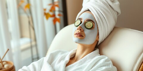 Woman Relaxing with Spa Facial Mask and Cucumber Slices

